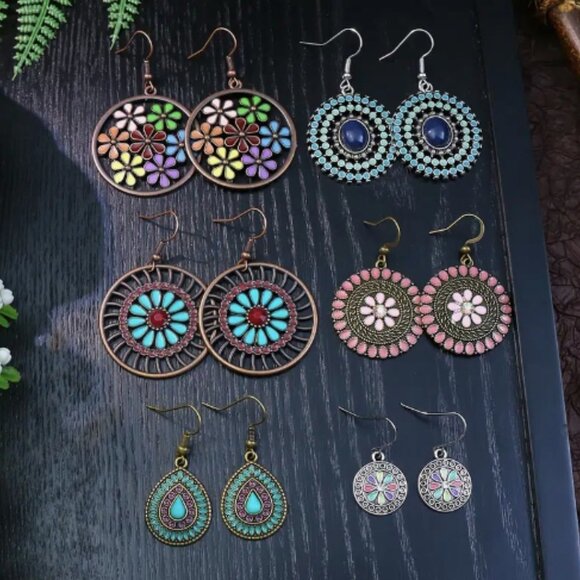 12 Pairs Multicolor Boho Tribal Geometric Drop Earrings - Picture 5 of 8